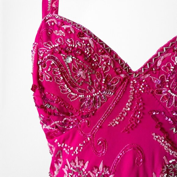 Vintage Pink Floral Beaded Midi Babydoll Bodycon Cocktail Dress Size L - Picture 10 of 11